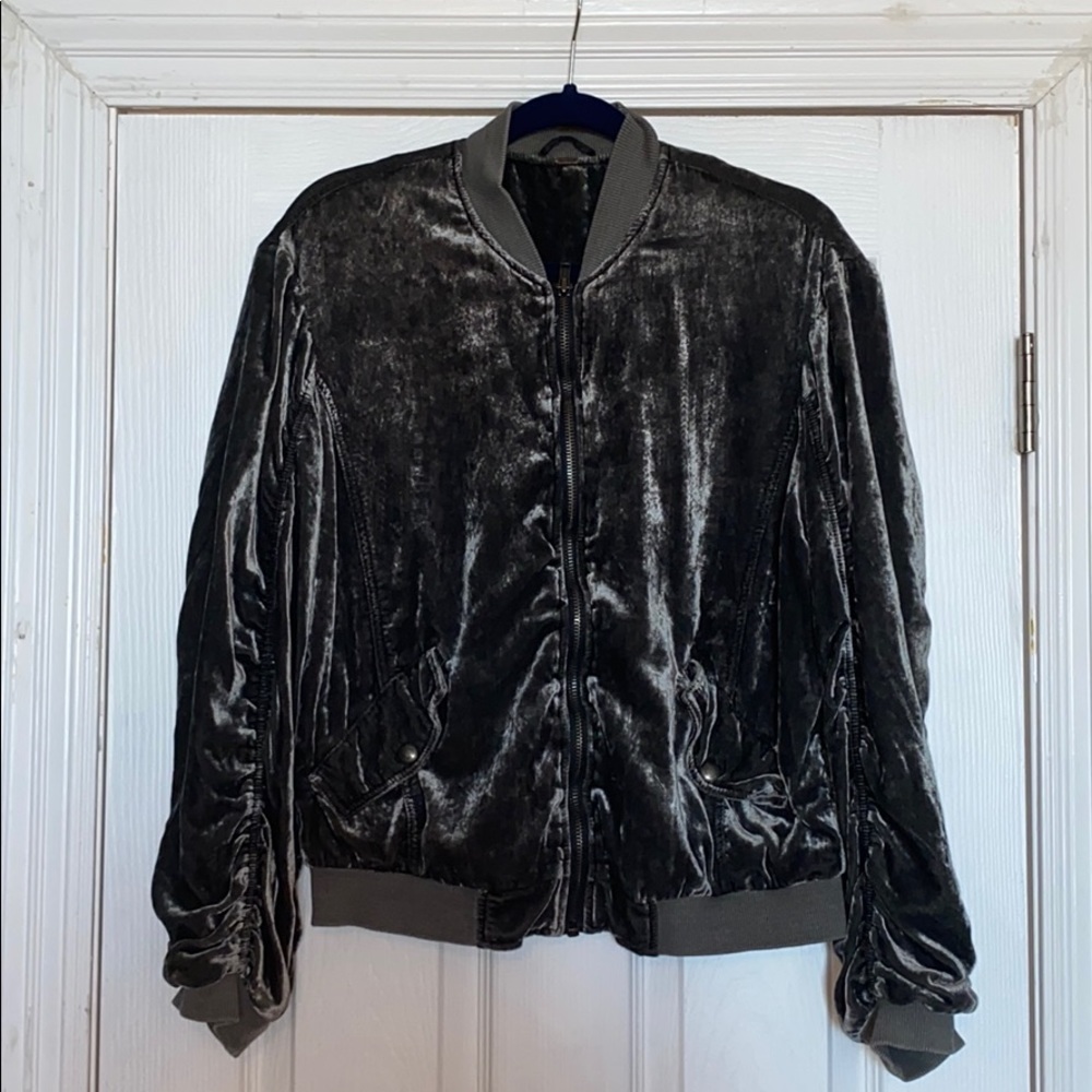 Free People Velour olive green bomber jacket.